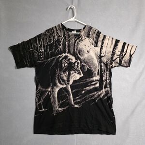 VTG Fruit Of The Loom Single Stitch AOP Wolves Black T Shirt USA Size Large